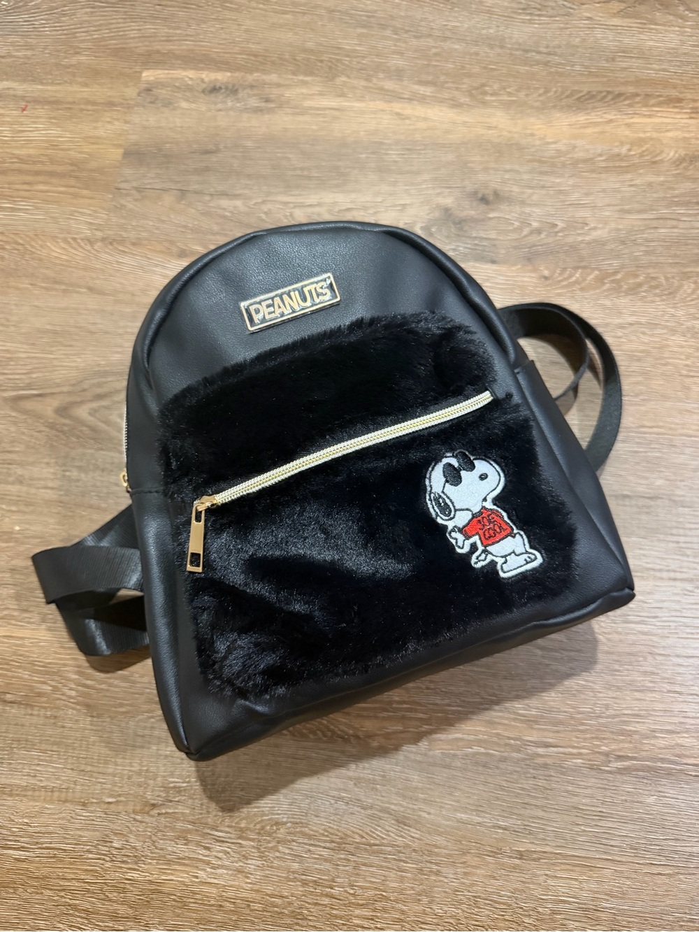 Peanuts Snoopy Mini Backpack Faux Fur Black Backpack NWT